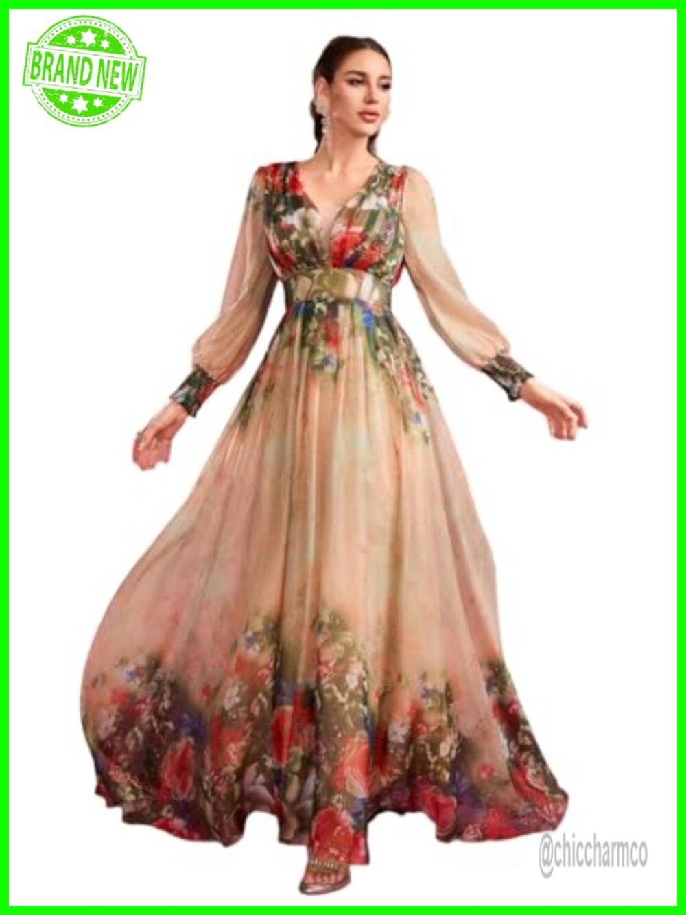 Boho Maxi Dress for Women Long Sleeve Ruffle V Neck 100% Polyester